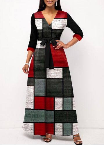 Black Criss Cross Geometric Print Belted Dress - unsigned - Modalova