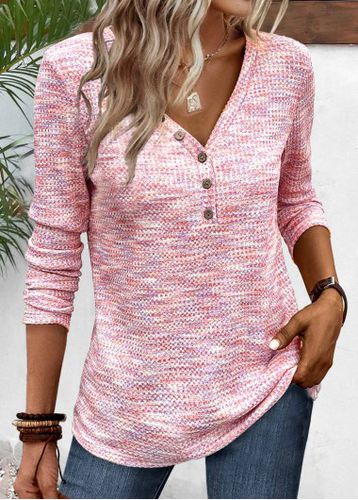 Light Pink Button Long Sleeve V Neck T Shirt - unsigned - Modalova
