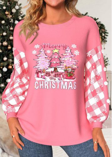 Light Pink Patchwork Christmas Tree Print Long Sleeve Sweatshirt - unsigned - Modalova
