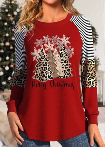 Red Patchwork Christmas Tree Print Long Sleeve T Shirt - unsigned - Modalova