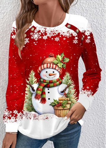 Red Button Snowman Print Long Sleeve Round Neck Sweatshirt - unsigned - Modalova
