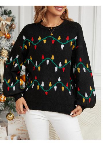 Black Patchwork Christmas Tree Print Long Sleeve Sweater - unsigned - Modalova