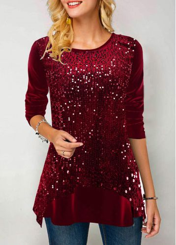 Christmas Design Sequin Velvet Stitching Wine Red Sweatshirt - unsigned - Modalova