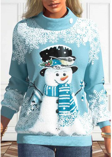 Light Blue Button Snowman Print Long Sleeve Sweatshirt - unsigned - Modalova