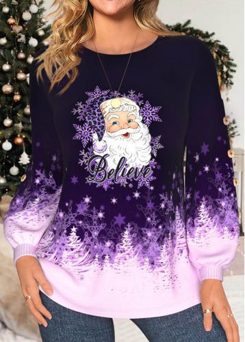 Christmas Purple Button Santa Claus Print Long Sleeve Sweatshirt - unsigned - Modalova