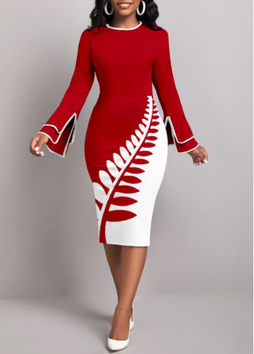 Wine Red Patchwork Leaf Print Long Sleeve Bodycon Dress - unsigned - Modalova