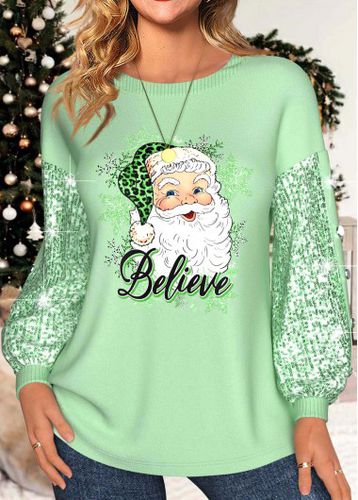 Light Green Sequin Santa Claus Print Christmas Sweatshirt - unsigned - Modalova