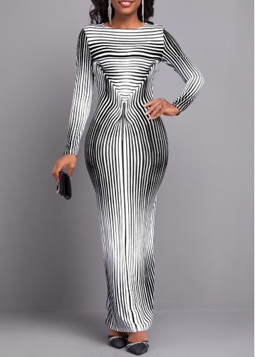 Black Striped Long Sleeve Round Neck Maxi Bodycon Dress - unsigned - Modalova