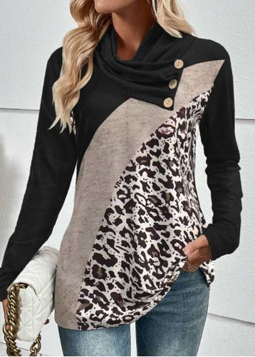 Button Leopard Long Sleeve Asymmetrical Neck Sweatshirt - unsigned - Modalova