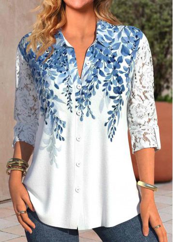 White Lace Leaf Print Long Sleeve Shirt Collar Blouse - unsigned - Modalova