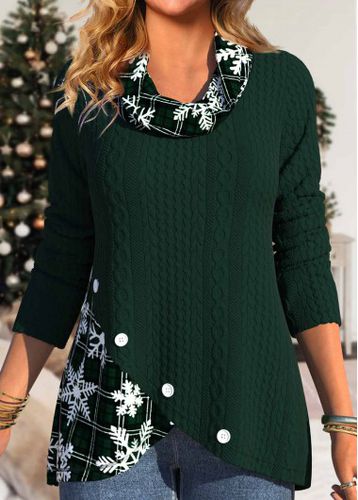 Christmas Blackish Green Button Snowflake Print Cowl Neck Sweatshirt - unsigned - Modalova