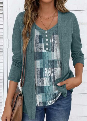 Sage Green Fake 2in1 Geometric Print T Shirt - unsigned - Modalova