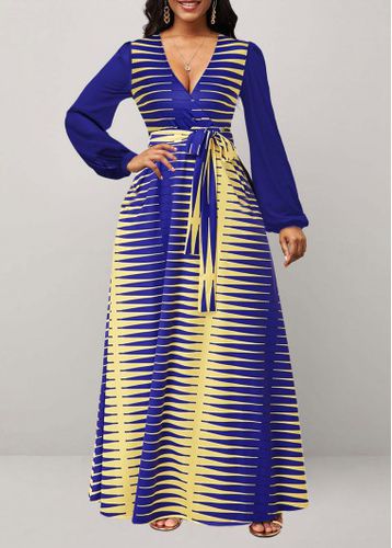 Dark Blue Surplice Chevron Print Belted Maxi Dress - unsigned - Modalova