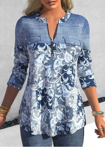 Denim Blue Patchwork Floral Print Long Sleeve Blouse - unsigned - Modalova