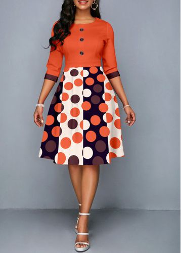 Orange Button Geometric Print Three Quarter Length Sleeve Dress - unsigned - Modalova