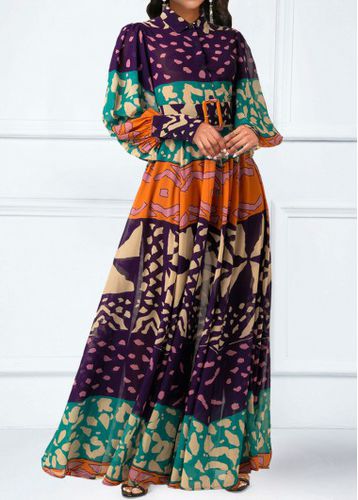 Multi Color Split Tribal Print Belted Maxi Dress - unsigned - Modalova
