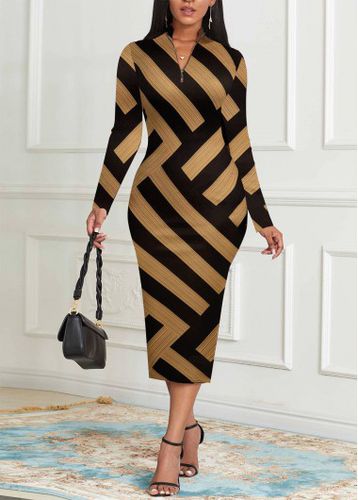Black Patchwork Striped Long Sleeve Stand Collar Bodycon Dress - unsigned - Modalova