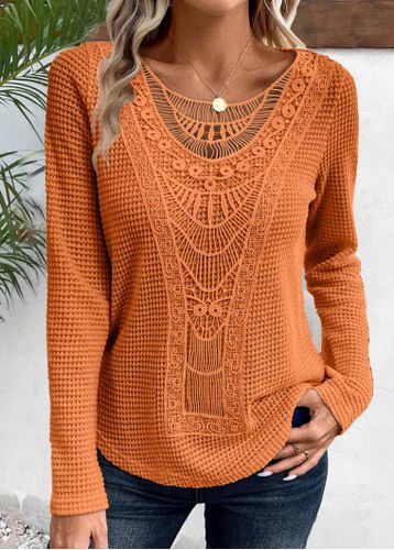 Terracotta Lace Long Sleeve Round Neck T Shirt - unsigned - Modalova