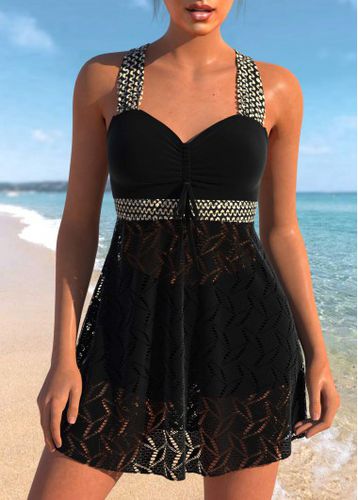 Lace Black Criss Cross Design Swimdress Top - unsigned - Modalova