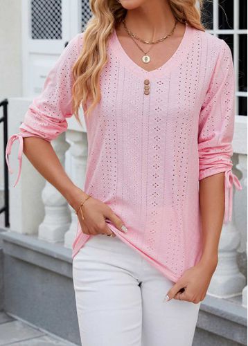 Pink Button Long Sleeve V Neck T Shirt - unsigned - Modalova