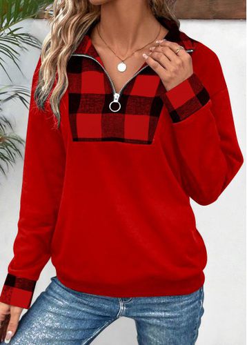 Red Patchwork Plaid Long Sleeve Turn Down Collar Sweatshirt - unsigned - Modalova