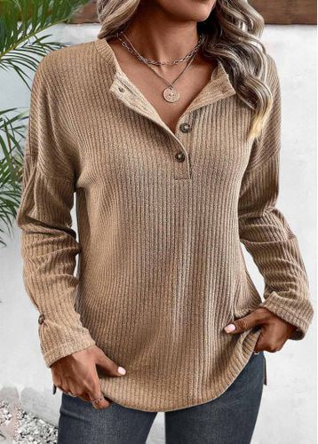 Light Coffee Button Long Sleeve Round Neck T Shirt - unsigned - Modalova