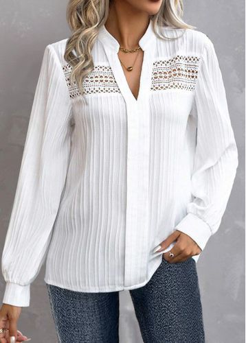 White Embroidery Long Sleeve Split Neck Blouse - unsigned - Modalova