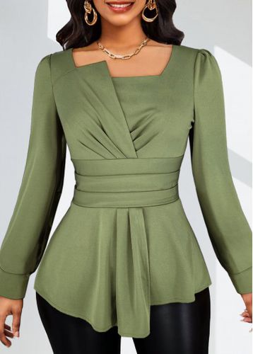 Sage Green Ruched Long Sleeve Asymmetrical Neck Blouse - unsigned - Modalova
