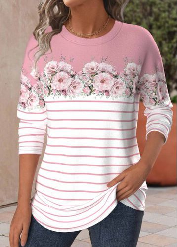 Pink Patchwork Floral Print Long Sleeve T Shirt - unsigned - Modalova