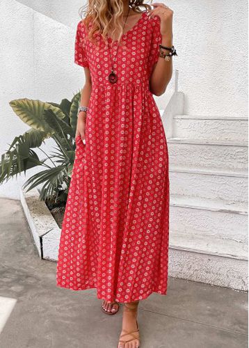 Red Pocket Geometric Print Maxi A Line Dress - unsigned - Modalova