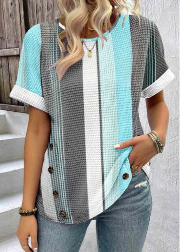 Blue Patchwork Striped Short Sleeve Round Neck T Shirt - unsigned - Modalova