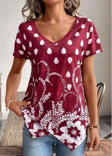 Wine Red Cross Hem Floral Print T Shirt - unsigned - Modalova
