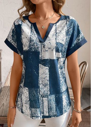 Peacock Blue Split Geometric Print Short Sleeve T Shirt - unsigned - Modalova
