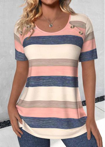 Light Pink Button Striped Short Sleeve T Shirt - unsigned - Modalova