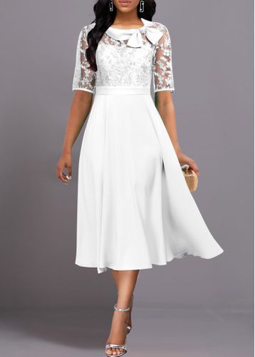 Raw White Lace Short Sleeve Turn Down Collar Dress - unsigned - Modalova
