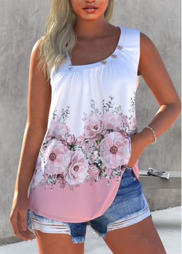 Pink Ruched Floral Print Sleeveless Asymmetrical Neck Tank Top - unsigned - Modalova