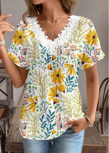 Multi Color Patchwork Floral Print Short Sleeve T Shirt - unsigned - Modalova