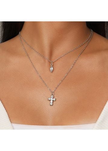 Rhinestone Silvery White Cross Alloy Necklace - unsigned - Modalova