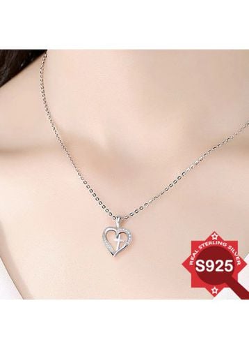 Rhinestone Silvery White Heart 925 Silver Necklace - unsigned - Modalova