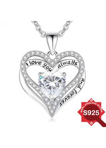 Silvery White Rhinestone Heart 925 Silver Necklace - unsigned - Modalova