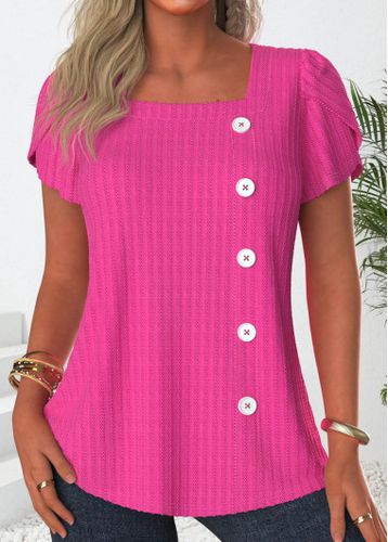 Hot Pink Button Short Sleeve Square Neck T Shirt - unsigned - Modalova