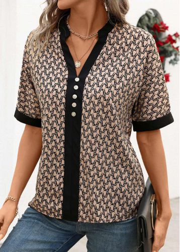 Light Coffee Button Geometric Print Short Sleeve Shirt - unsigned - Modalova