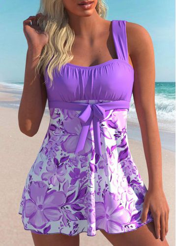 Ruched Floral Print Purple Swimdress and Shorts - unsigned - Modalova