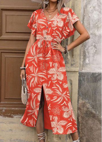Orange Split Floral Print Short Sleeve V Neck Dress - unsigned - Modalova
