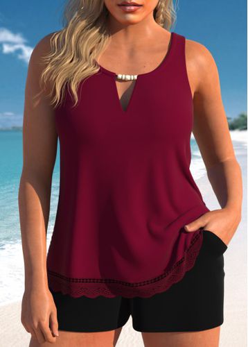 Lace Cutout Wine Red Tankini Set - unsigned - Modalova