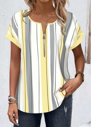 Light Yellow Zipper Striped Short Sleeve Round Neck Shirt - unsigned - Modalova