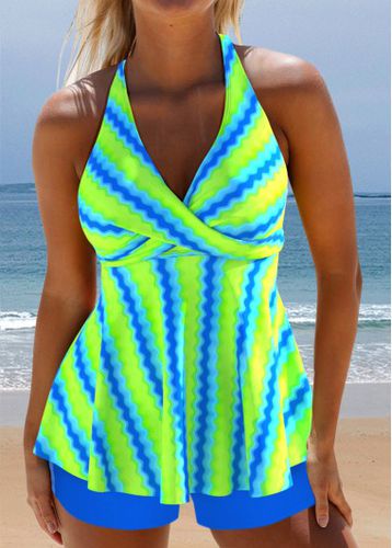 Surplice Wave Pattern Print Neon Green Tankini Set - unsigned - Modalova