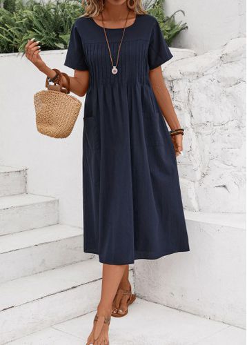 Navy Tuck Stitch Short Sleeve Round Neck Dress - unsigned - Modalova