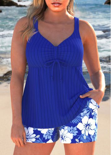 Ruched Floral Print Royal Blue Tankini Set - unsigned - Modalova