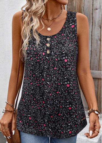 Black Button Ditsy Floral Print Sleeveless Tank Top - unsigned - Modalova